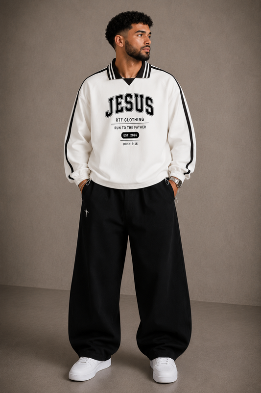 RTF Jesus Striped Lapel Collar Sweatshirt ( white )