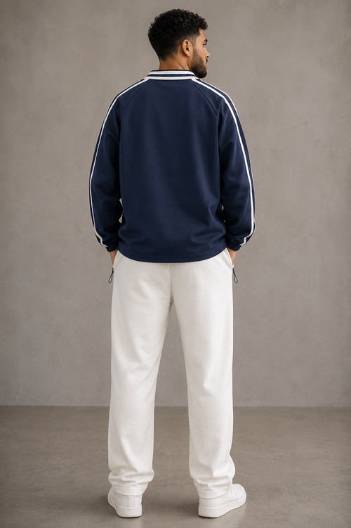 Contrast Striped Lapel Collar Sweatshirt