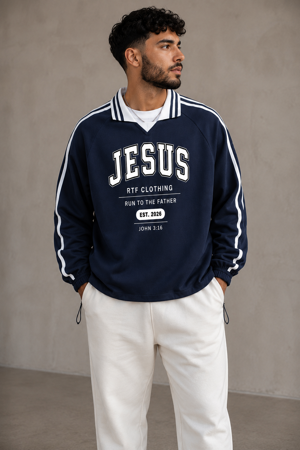 Contrast Striped Lapel Collar Sweatshirt
