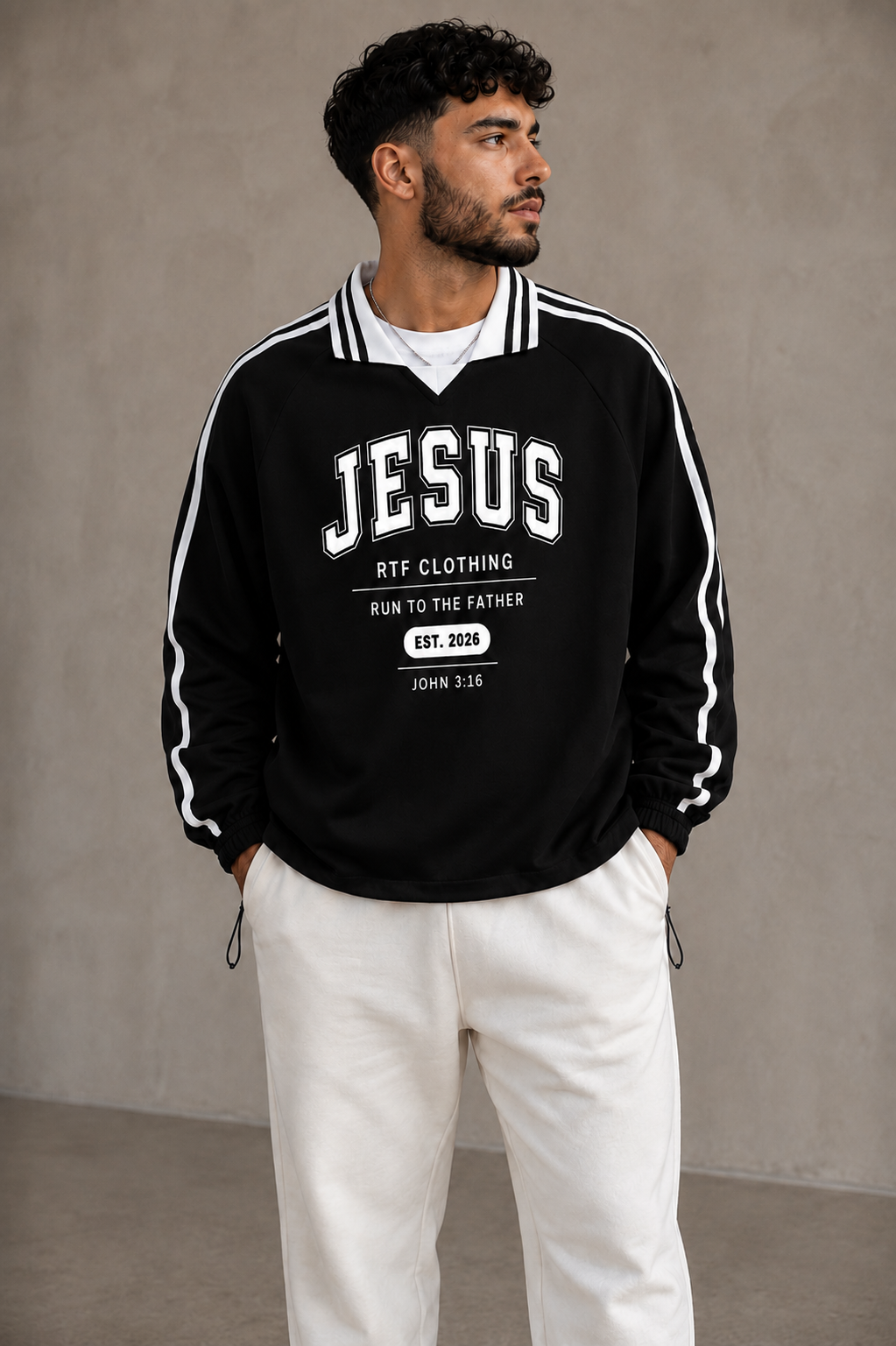 Contrast Striped Lapel Collar Sweatshirt